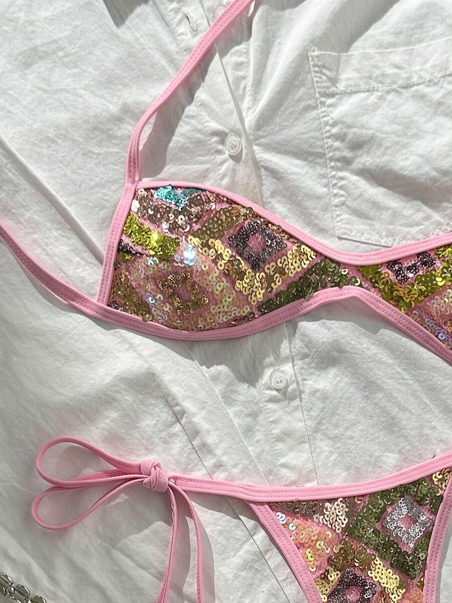 Apricot 2-piece sequin textured halter bikini set featuring a wireless top with lace-up backless ties and matching low-waist side-tie thong bottoms.