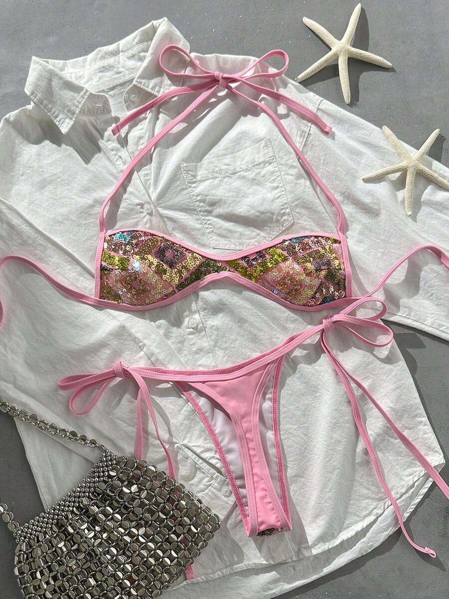 Apricot 2-piece sequin textured halter bikini set featuring a wireless top with lace-up backless ties and matching low-waist side-tie thong bottoms.
