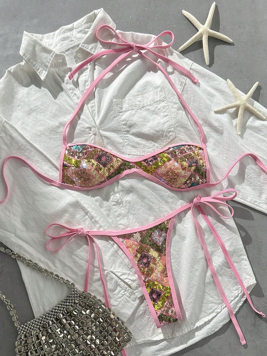 Apricot 2-piece sequin textured halter bikini set featuring a wireless top with lace-up backless ties and matching low-waist side-tie thong bottoms.