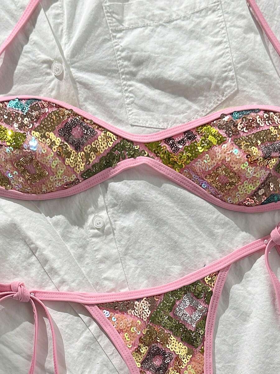 Apricot 2-piece sequin textured halter bikini set featuring a wireless top with lace-up backless ties and matching low-waist side-tie thong bottoms.