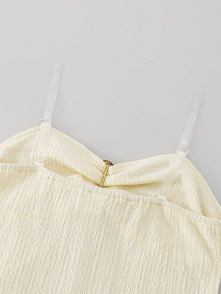 Tween girls apricot sleeveless halter mini dress with textured starfish and shell decor, shirred tiered layer, high waist, and flounce hem.