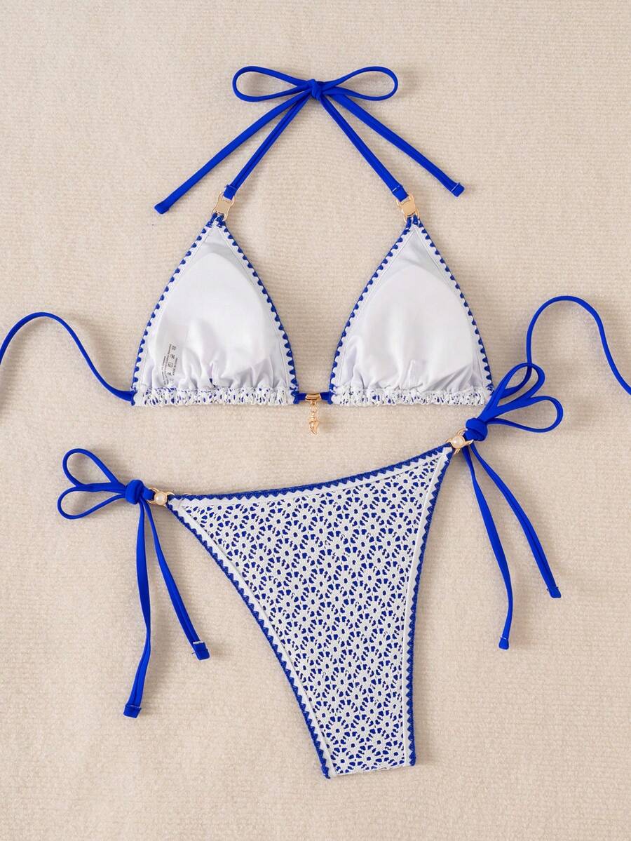 Women's triangle bikini set with contrast lace wireless bra top and ultra high waist tie side bottoms.