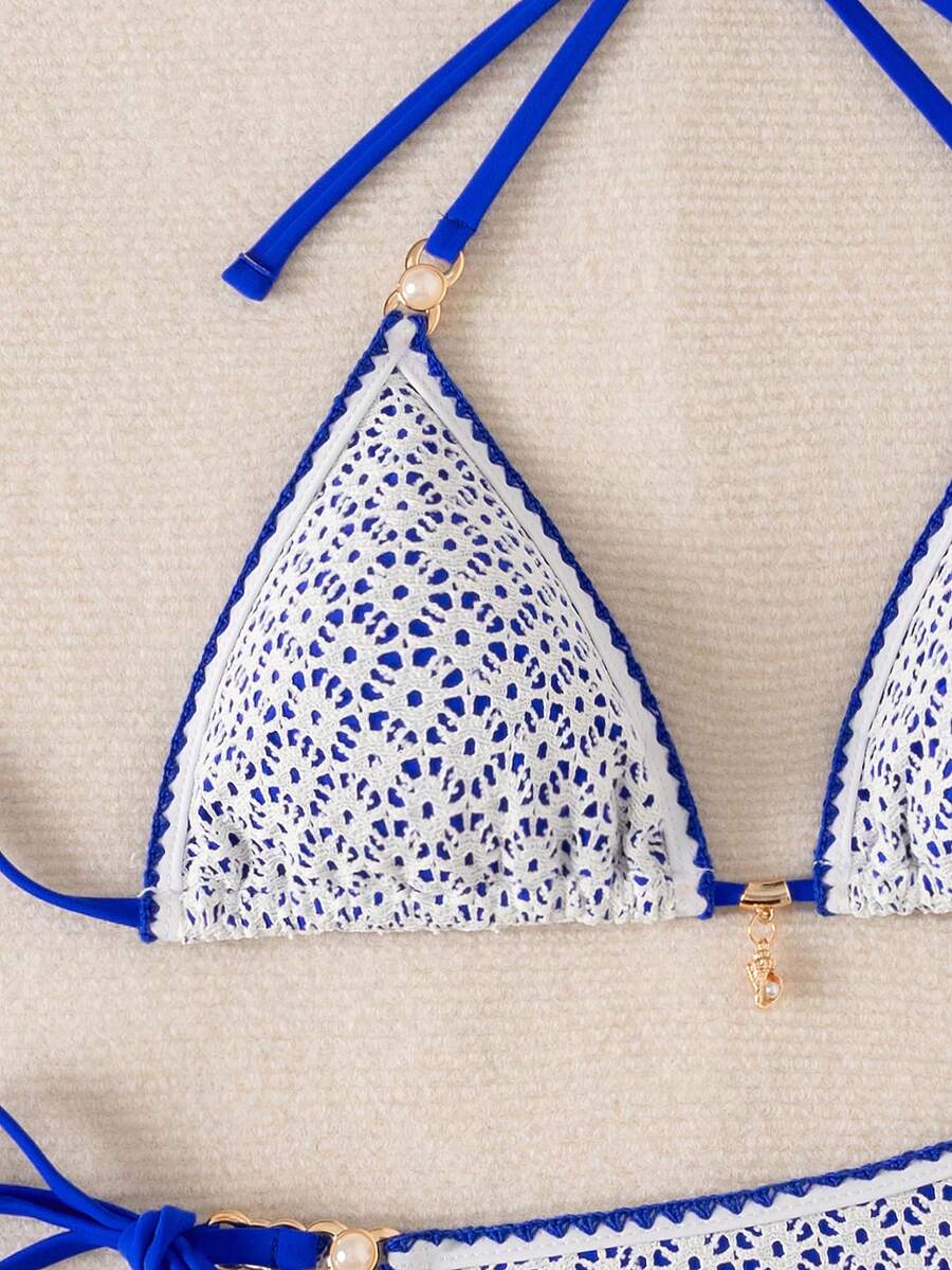 Women's triangle bikini set with contrast lace wireless bra top and ultra high waist tie side bottoms.
