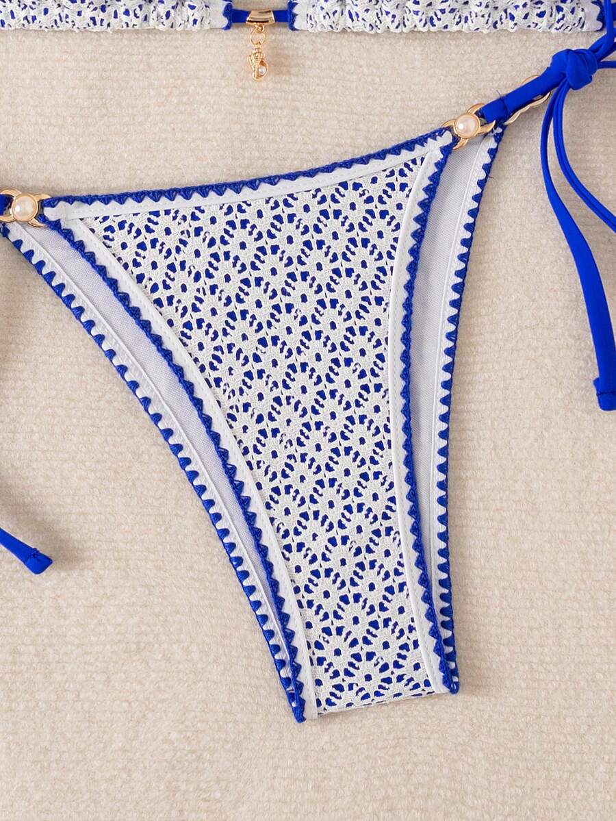 Women's triangle bikini set with contrast lace wireless bra top and ultra high waist tie side bottoms.