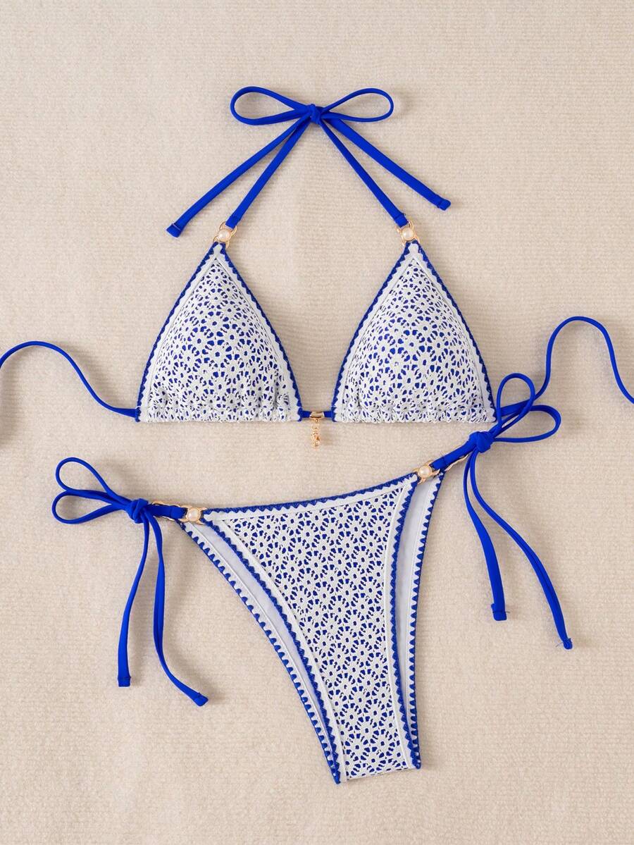Women's triangle bikini set with contrast lace wireless bra top and ultra high waist tie side bottoms.