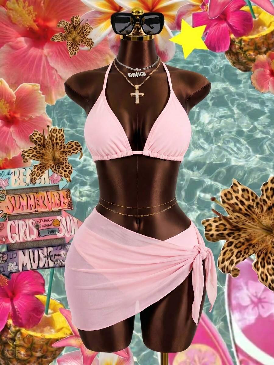 Pink 3-piece boho bikini set featuring a wireless triangle halter top with knot lace up detail and high waist bikini bottoms with matching skirt.