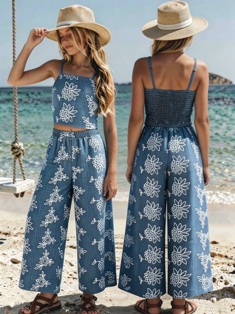 Tween girls casual 2-piece set featuring an apricot woven camisole crop top with back shirring and matching high-waisted loose long pants.