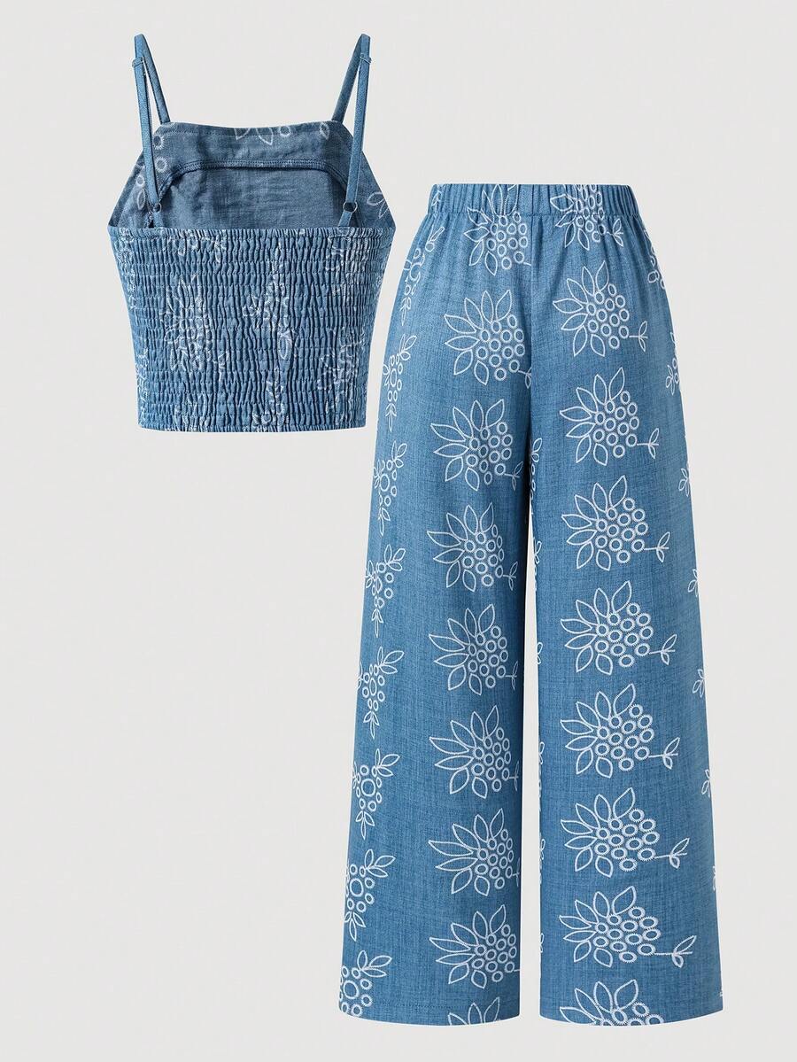Tween girls casual 2-piece set featuring an apricot woven camisole crop top with back shirring and matching high-waisted loose long pants.