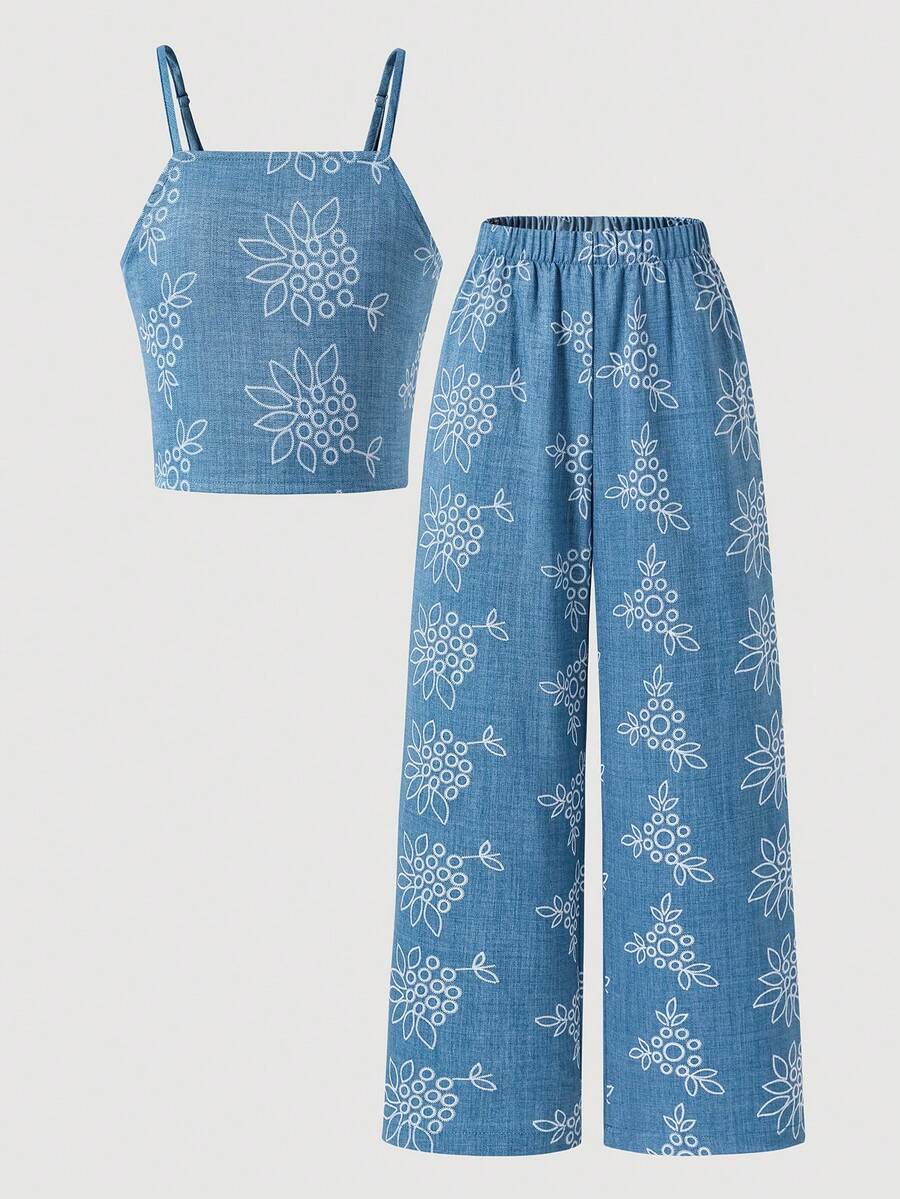 Tween girls casual 2-piece set featuring an apricot woven camisole crop top with back shirring and matching high-waisted loose long pants.