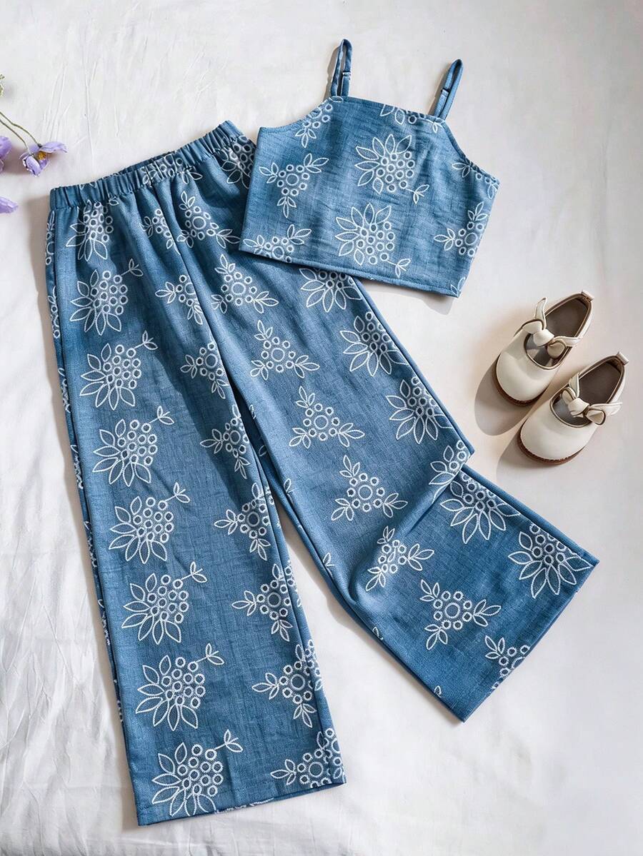 Tween girls casual 2-piece set featuring an apricot woven camisole crop top with back shirring and matching high-waisted loose long pants.