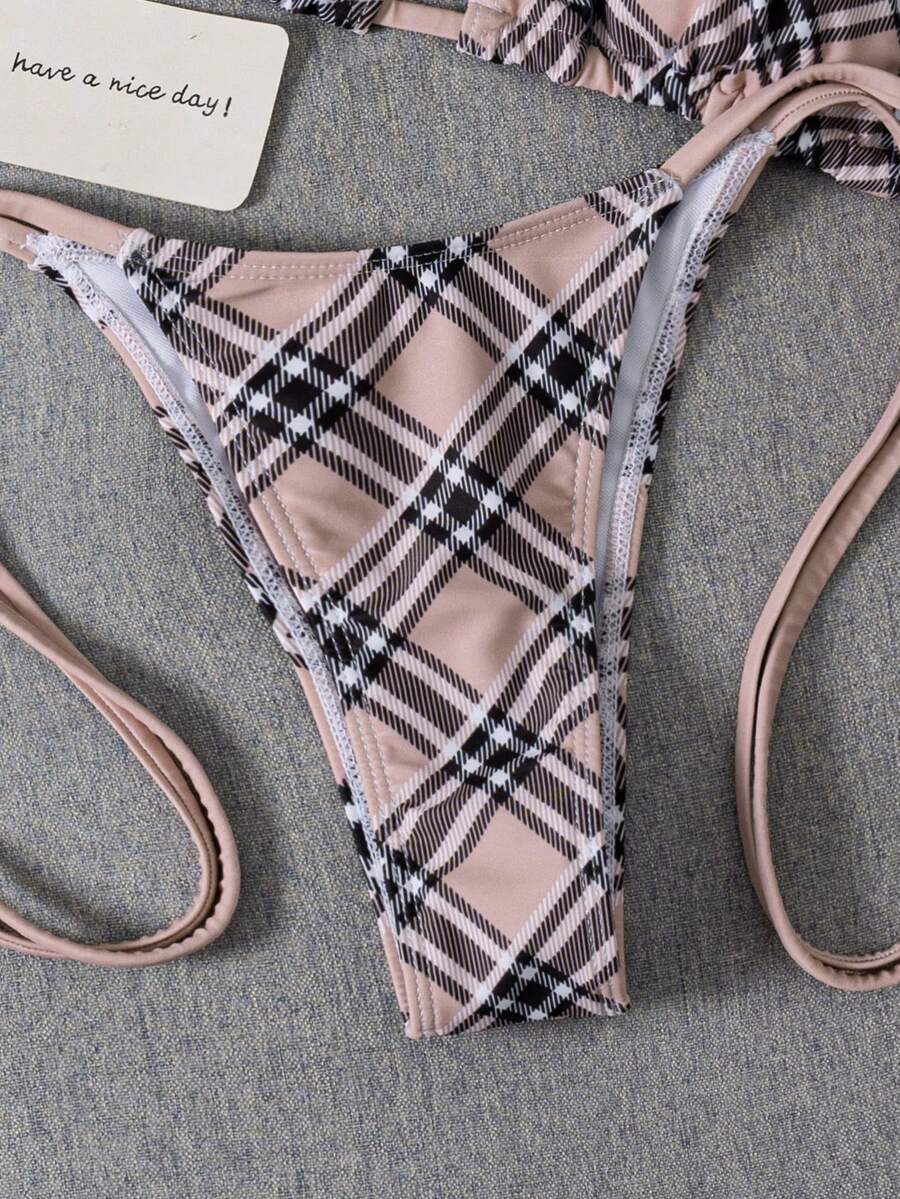 Women's 2-piece halter bikini set featuring geometric print, triangle cups with removable padding, and side tie bikini bottoms