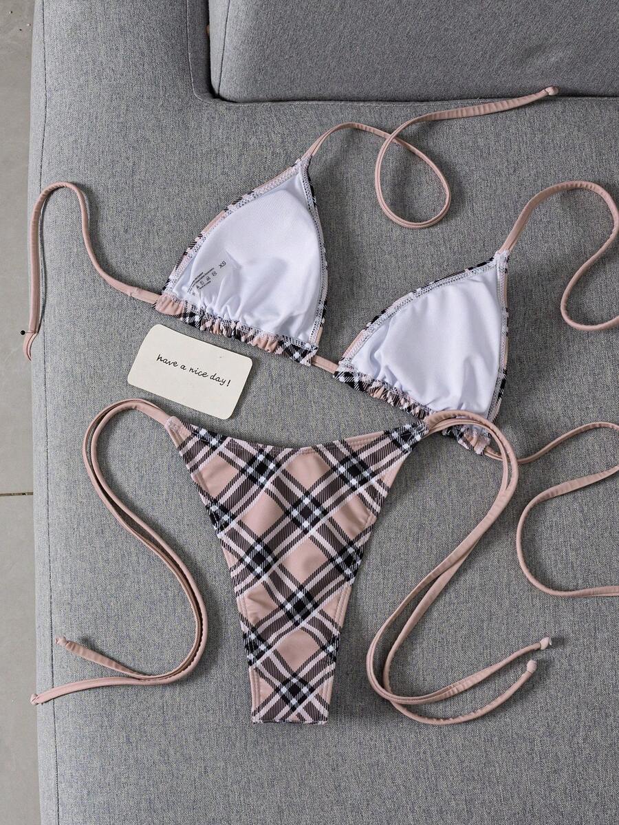 Women's 2-piece halter bikini set featuring geometric print, triangle cups with removable padding, and side tie bikini bottoms