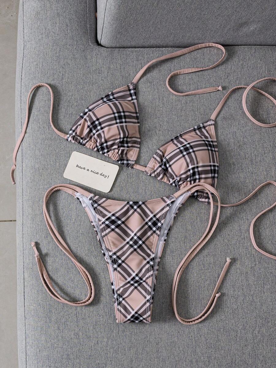 Women's 2-piece halter bikini set featuring geometric print, triangle cups with removable padding, and side tie bikini bottoms