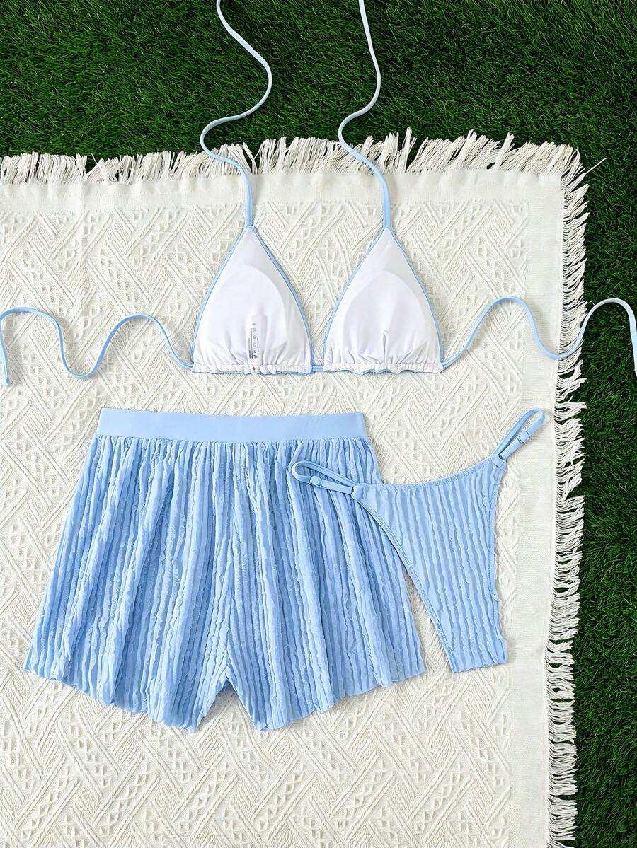 Women's 3-piece frill trim bikini set with halter tie-back top and high waist bottoms.