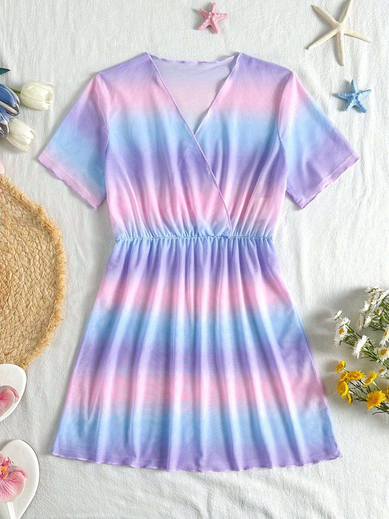 Multicolor heart print long cover up dress for tween girls featuring a V-neck criss-cross wrap front and short sleeves.