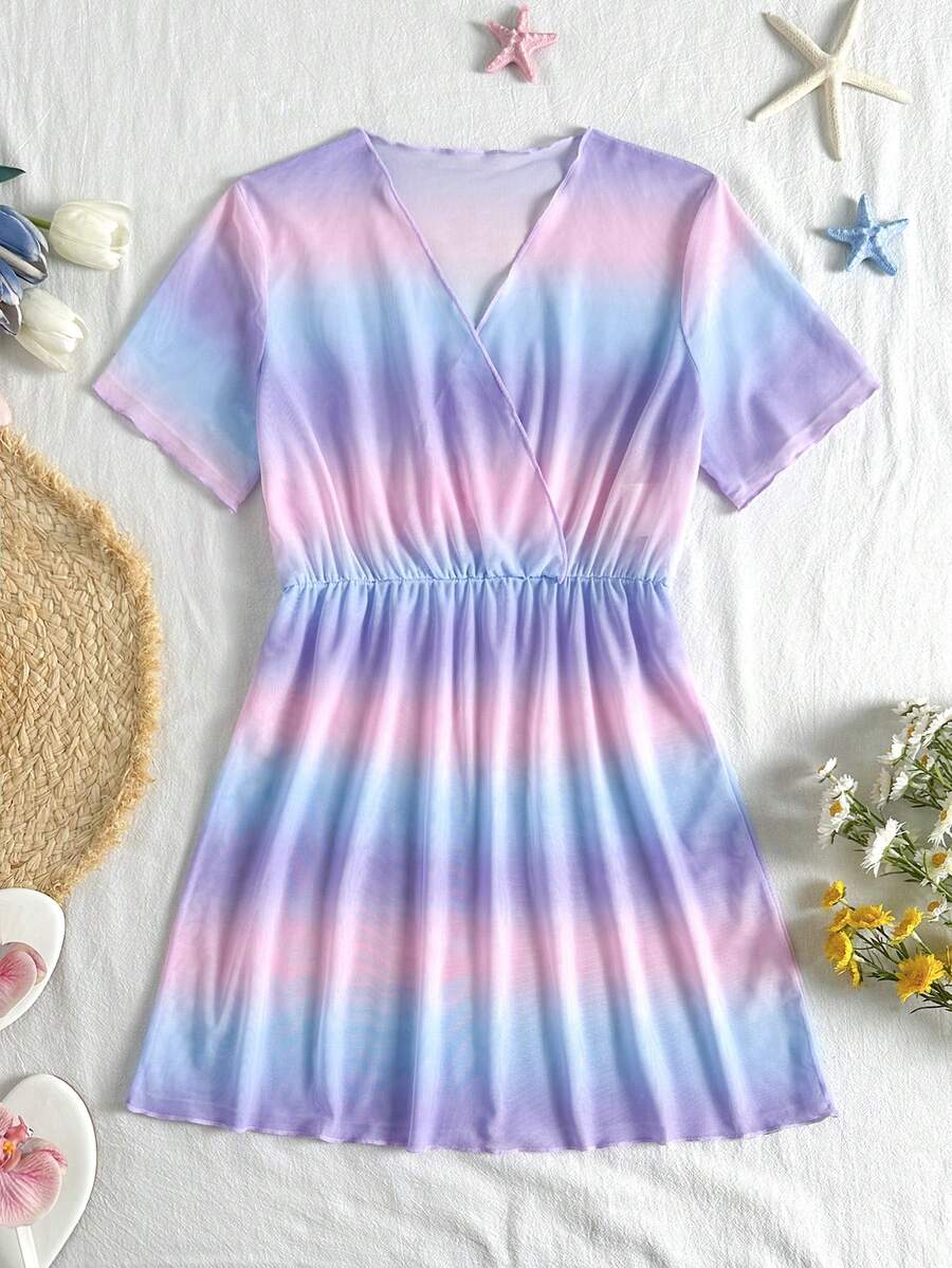 Multicolor heart print long cover up dress for tween girls featuring a V-neck criss-cross wrap front and short sleeves.