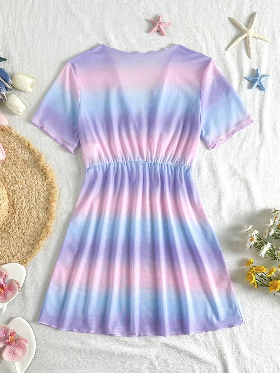 Multicolor heart print long cover up dress for tween girls featuring a V-neck criss-cross wrap front and short sleeves.