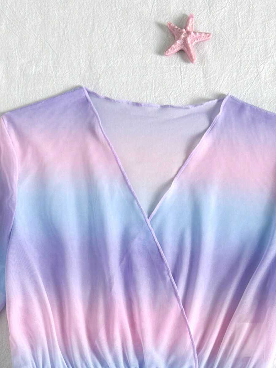 Multicolor heart print long cover up dress for tween girls featuring a V-neck criss-cross wrap front and short sleeves.