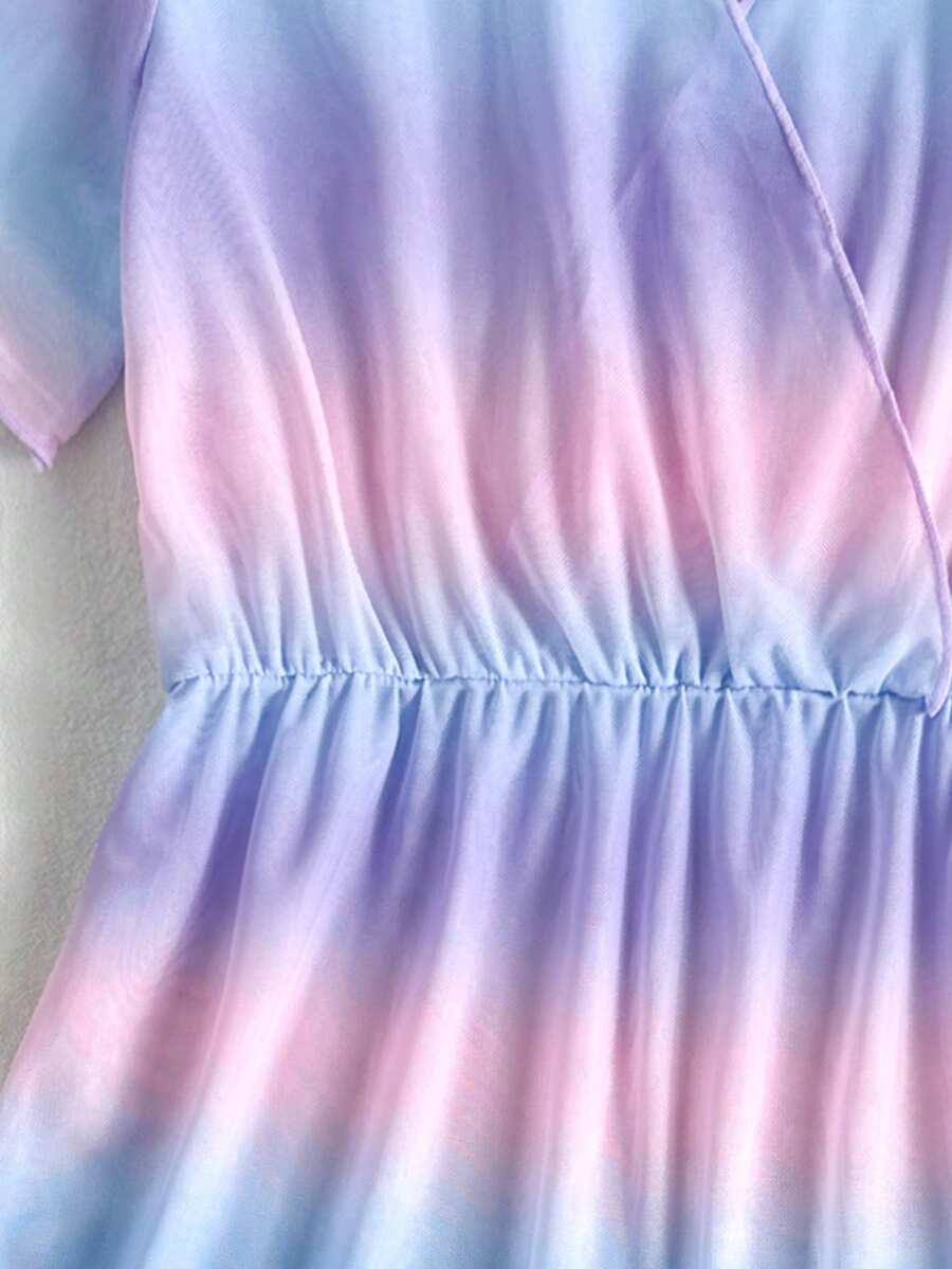 Multicolor heart print long cover up dress for tween girls featuring a V-neck criss-cross wrap front and short sleeves.