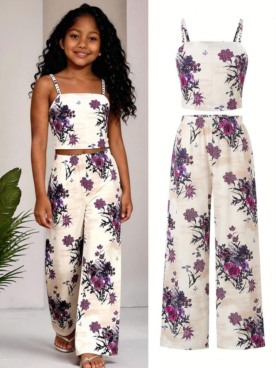 Tween girls casual 2-piece set featuring an apricot woven camisole crop top with back shirring and matching high-waisted loose long pants.