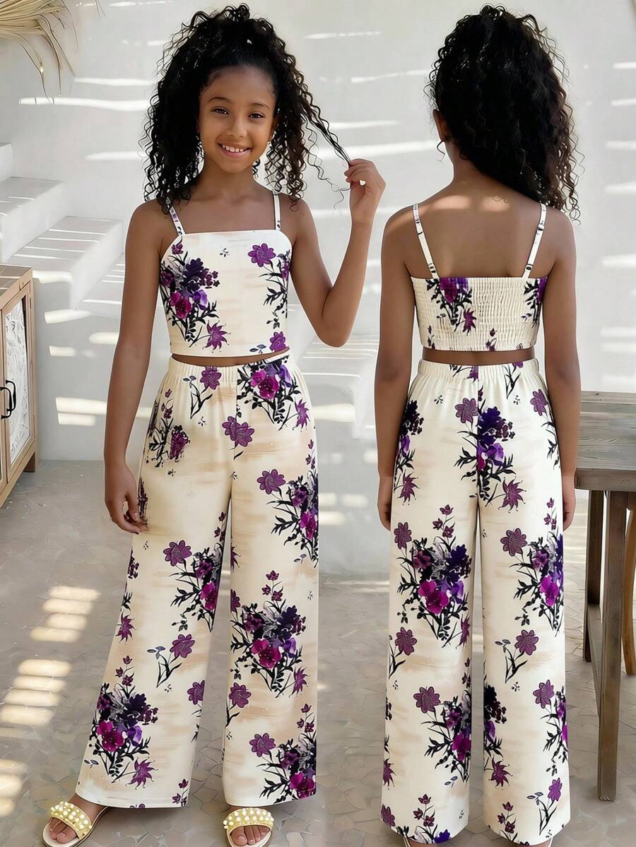 Tween girls casual 2-piece set featuring an apricot woven camisole crop top with back shirring and matching high-waisted loose long pants.