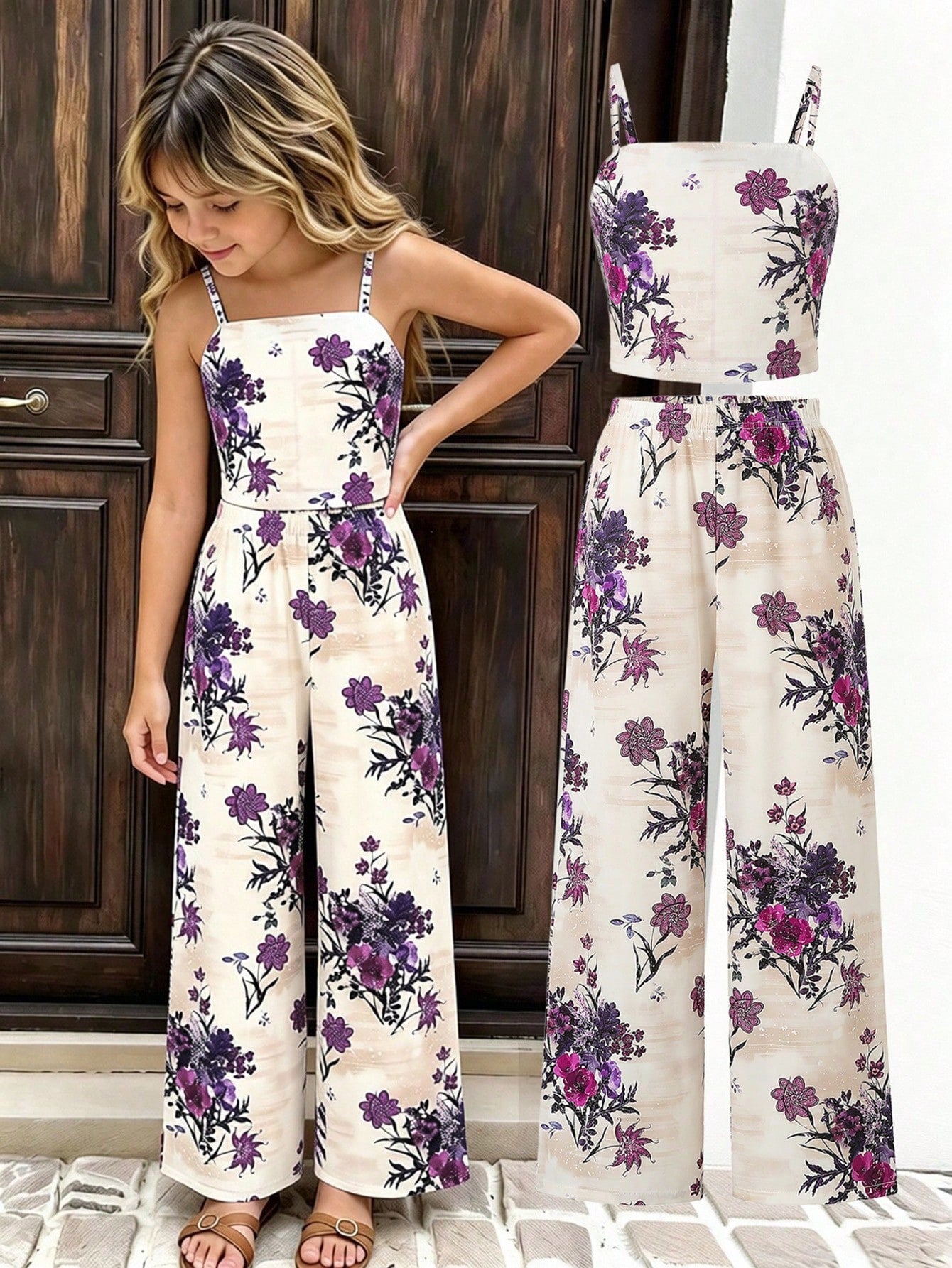 Tween girls casual 2-piece set featuring an apricot woven camisole crop top with back shirring and matching high-waisted loose long pants.