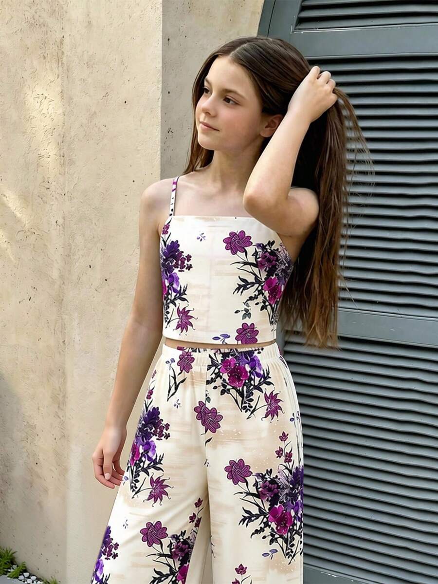 Tween girls casual 2-piece set featuring an apricot woven camisole crop top with back shirring and matching high-waisted loose long pants.