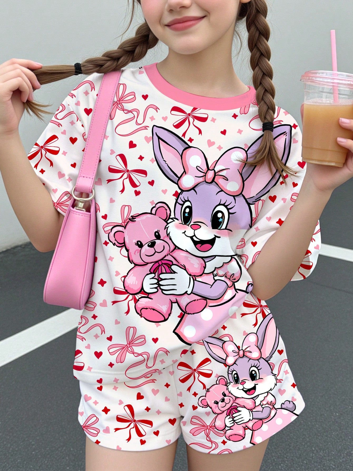 Multicolor heart print short sleeve top and loose shorts 2-piece set for tween girls