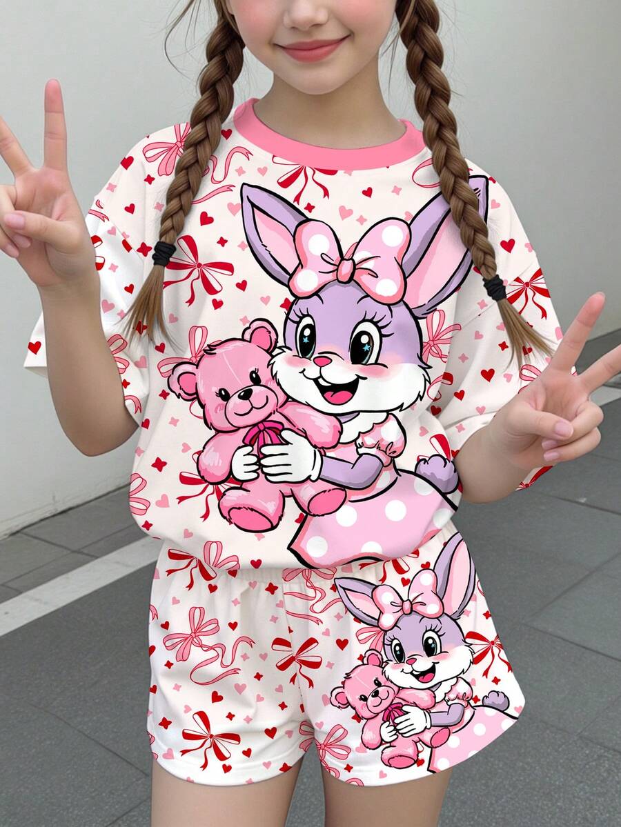 Multicolor heart print short sleeve top and loose shorts 2-piece set for tween girls