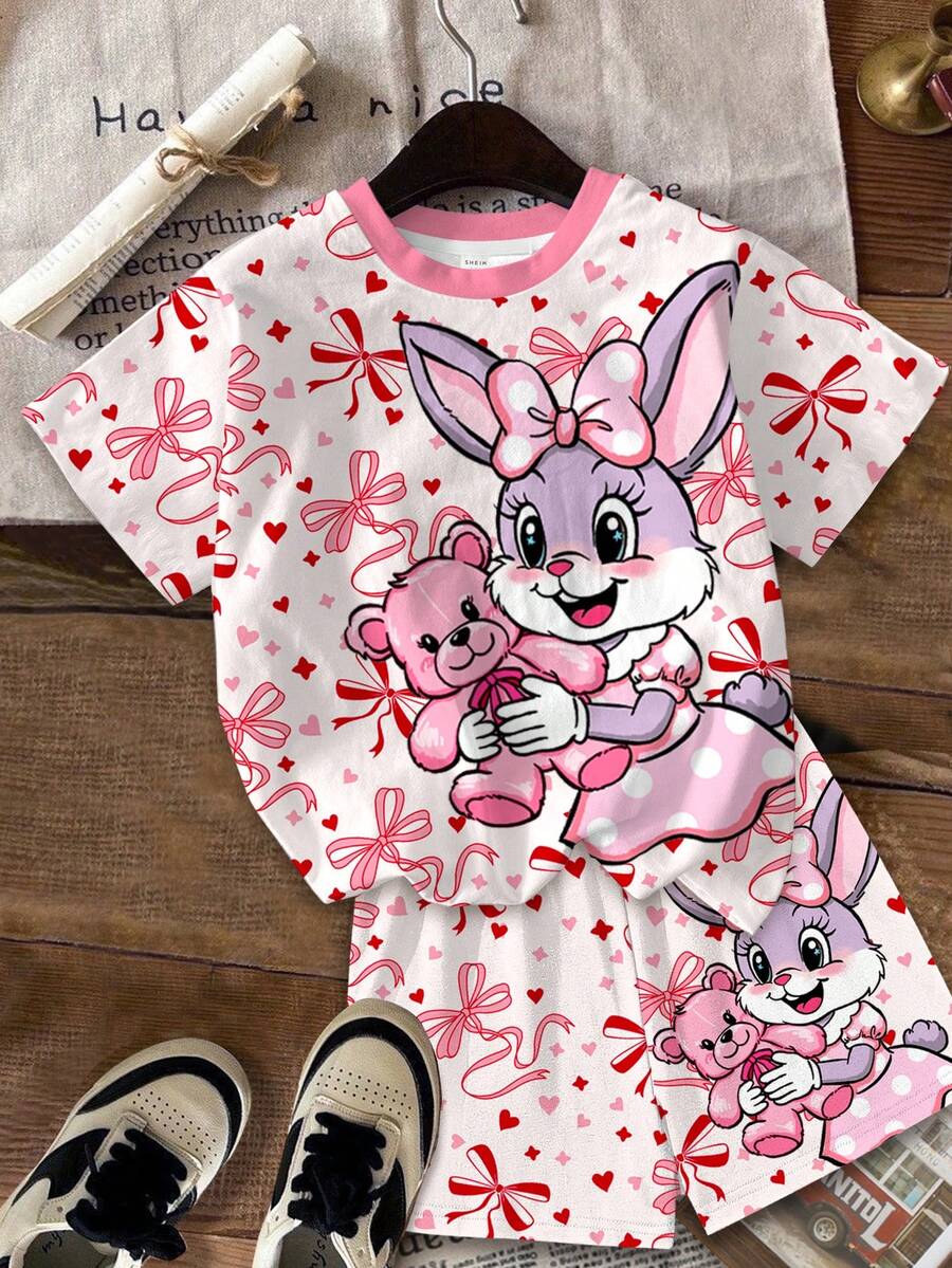 Multicolor heart print short sleeve top and loose shorts 2-piece set for tween girls