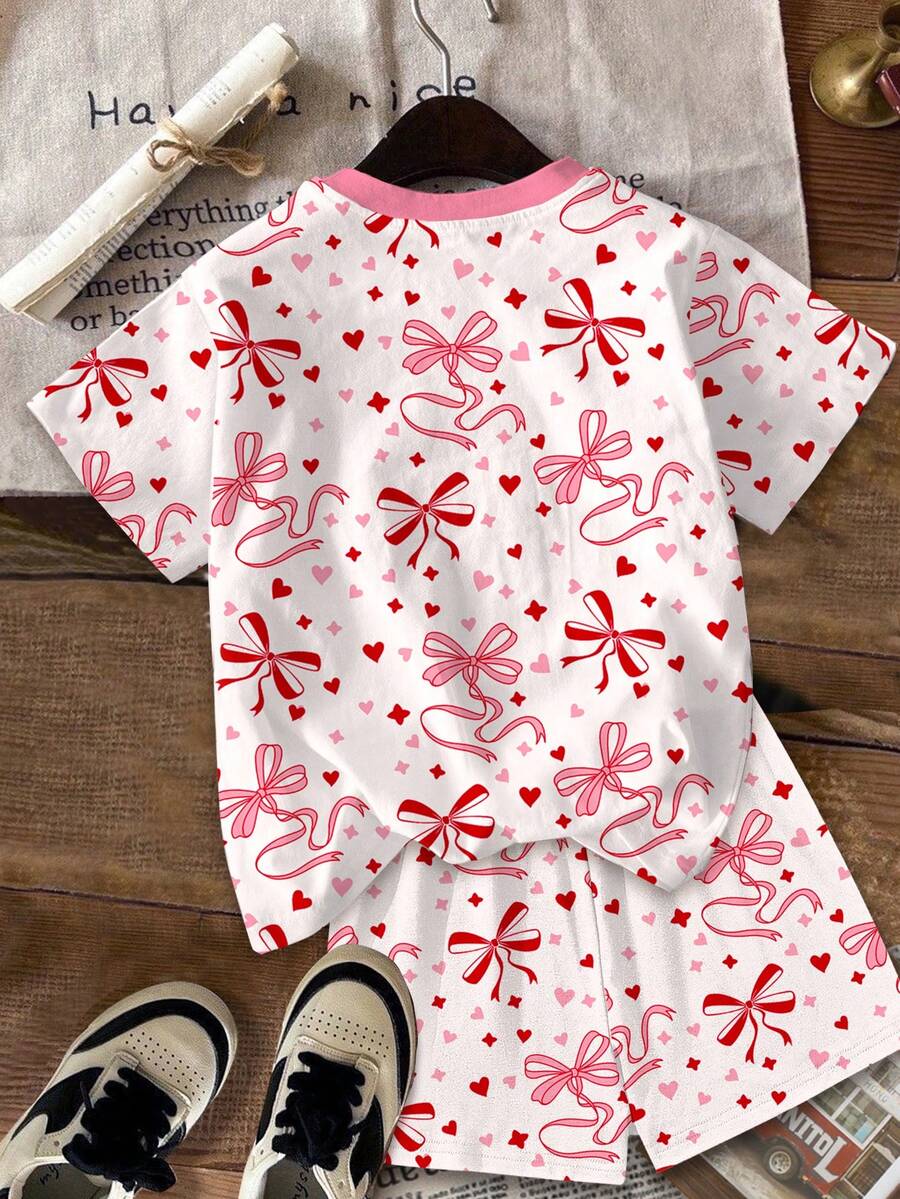 Multicolor heart print short sleeve top and loose shorts 2-piece set for tween girls