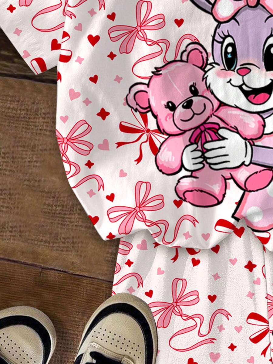 Multicolor heart print short sleeve top and loose shorts 2-piece set for tween girls