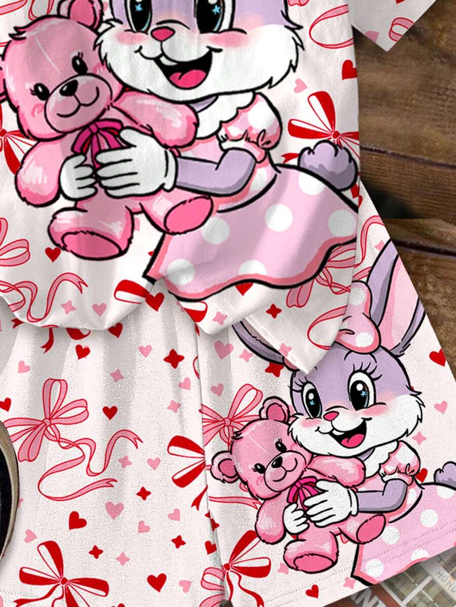 Multicolor heart print short sleeve top and loose shorts 2-piece set for tween girls