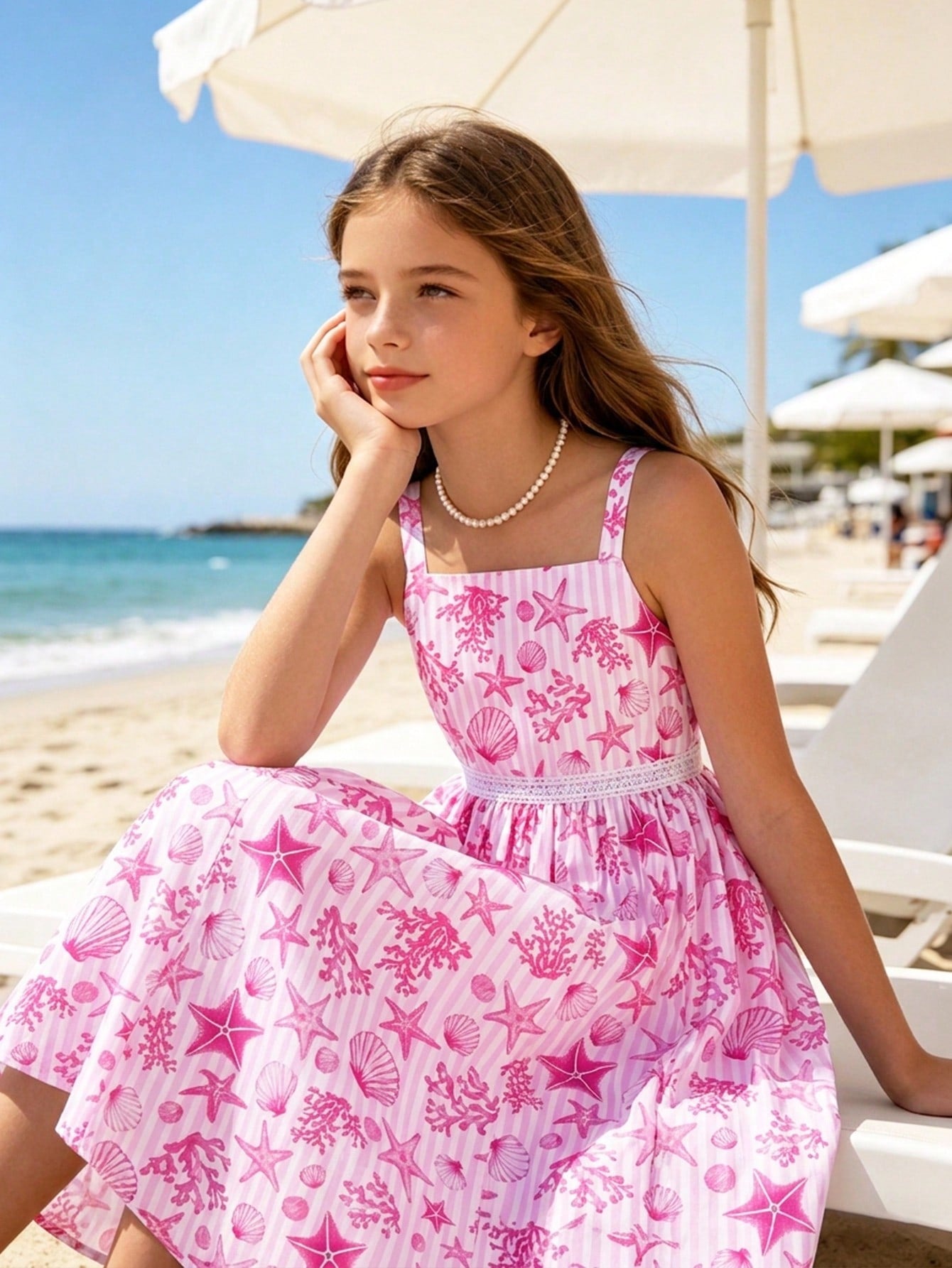 Girls spaghetti strap A-line midi dress with floral and marine-inspired vacation print, lace trim, high waist, and flared hem