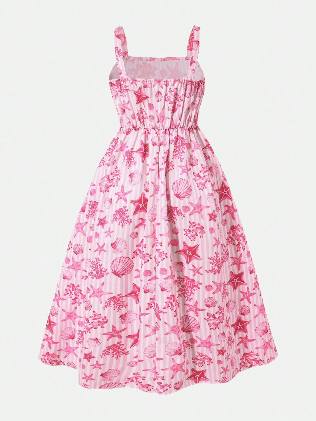 Girls spaghetti strap A-line midi dress with floral and marine-inspired vacation print, lace trim, high waist, and flared hem