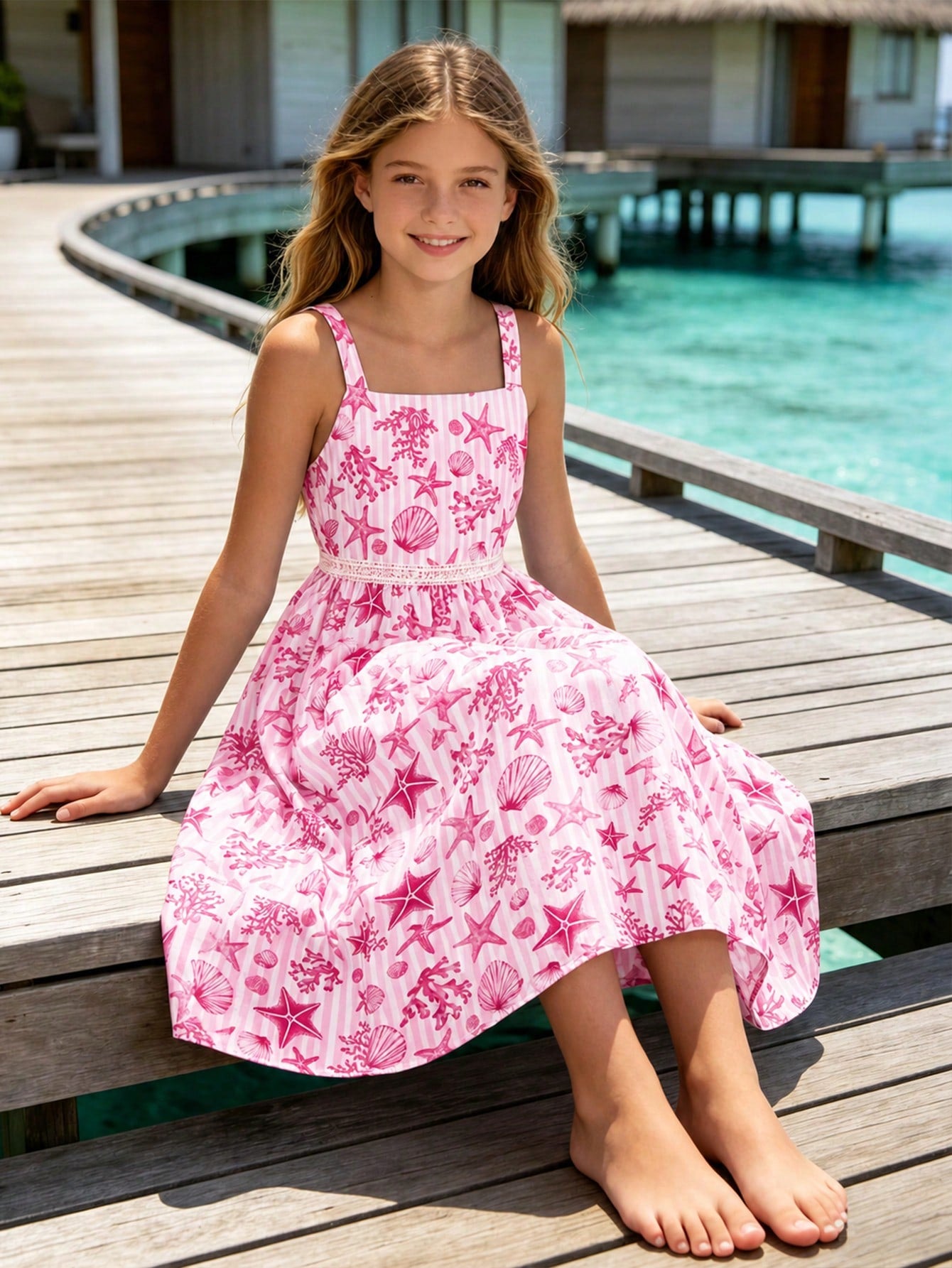 Girls spaghetti strap A-line midi dress with floral and marine-inspired vacation print, lace trim, high waist, and flared hem