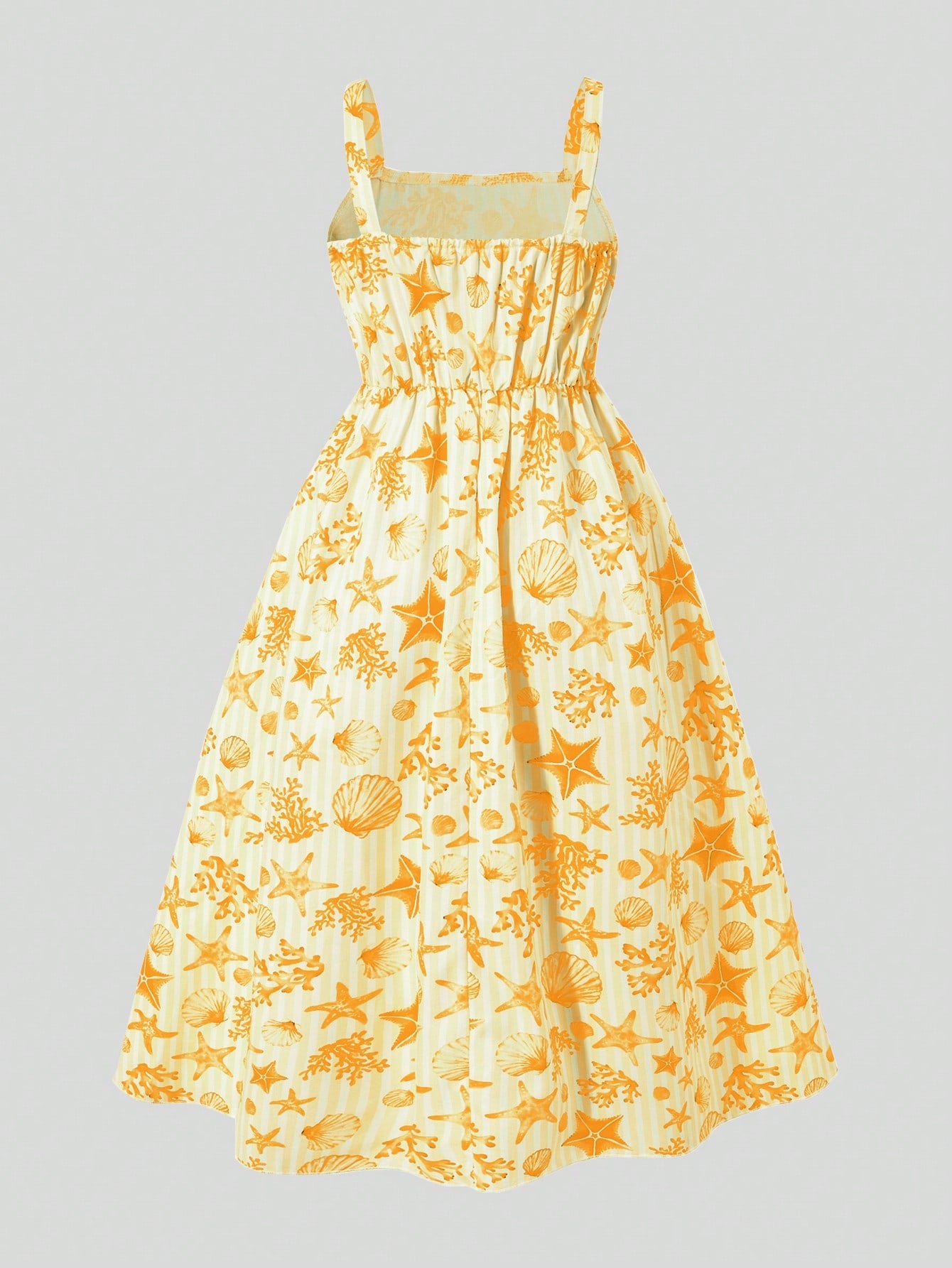 Girls spaghetti strap A-line midi dress with floral and marine-inspired vacation print, lace trim, high waist, and flared hem