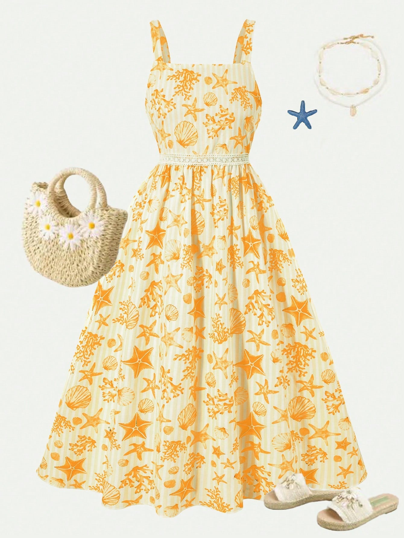 Girls spaghetti strap A-line midi dress with floral and marine-inspired vacation print, lace trim, high waist, and flared hem