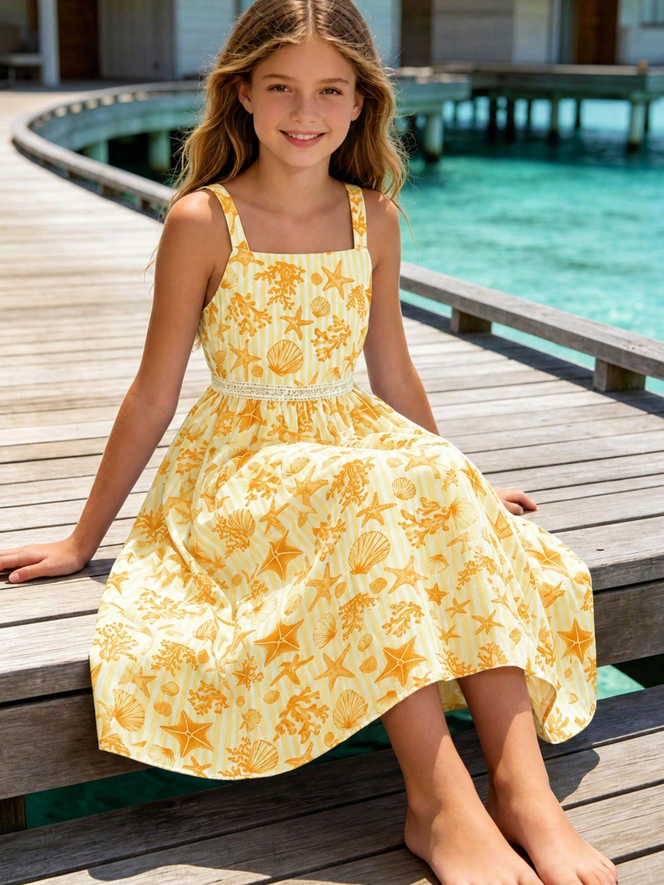 Girls spaghetti strap A-line midi dress with floral and marine-inspired vacation print, lace trim, high waist, and flared hem