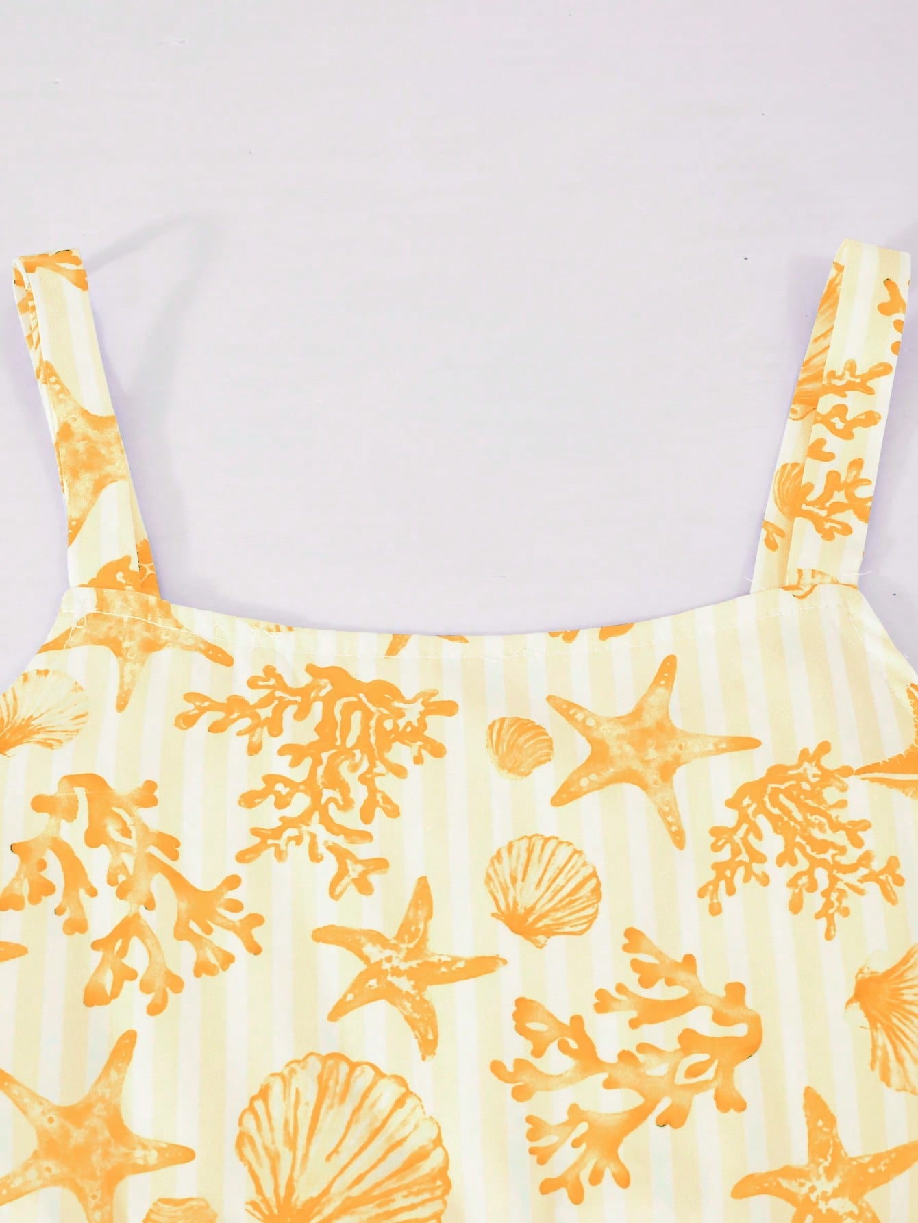 Girls spaghetti strap A-line midi dress with floral and marine-inspired vacation print, lace trim, high waist, and flared hem