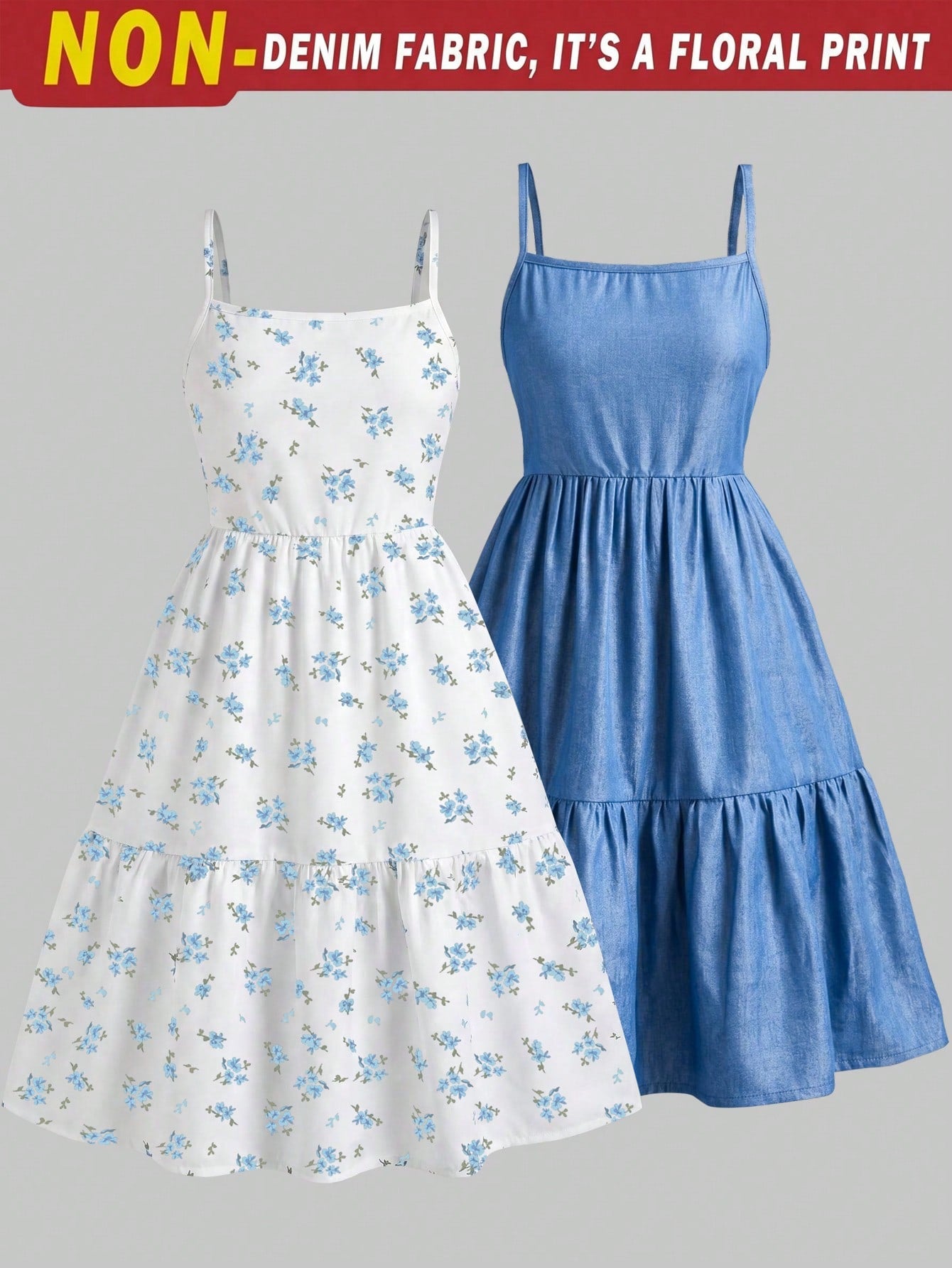 Tween girl blue plant print spaghetti strap cami dress with shirred high waist and flounce ruffled hem