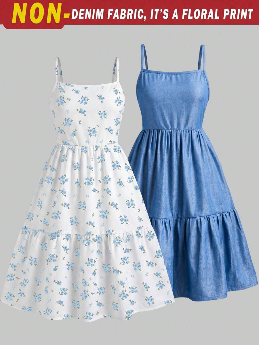 Tween girl blue plant print spaghetti strap cami dress with shirred high waist and flounce ruffled hem