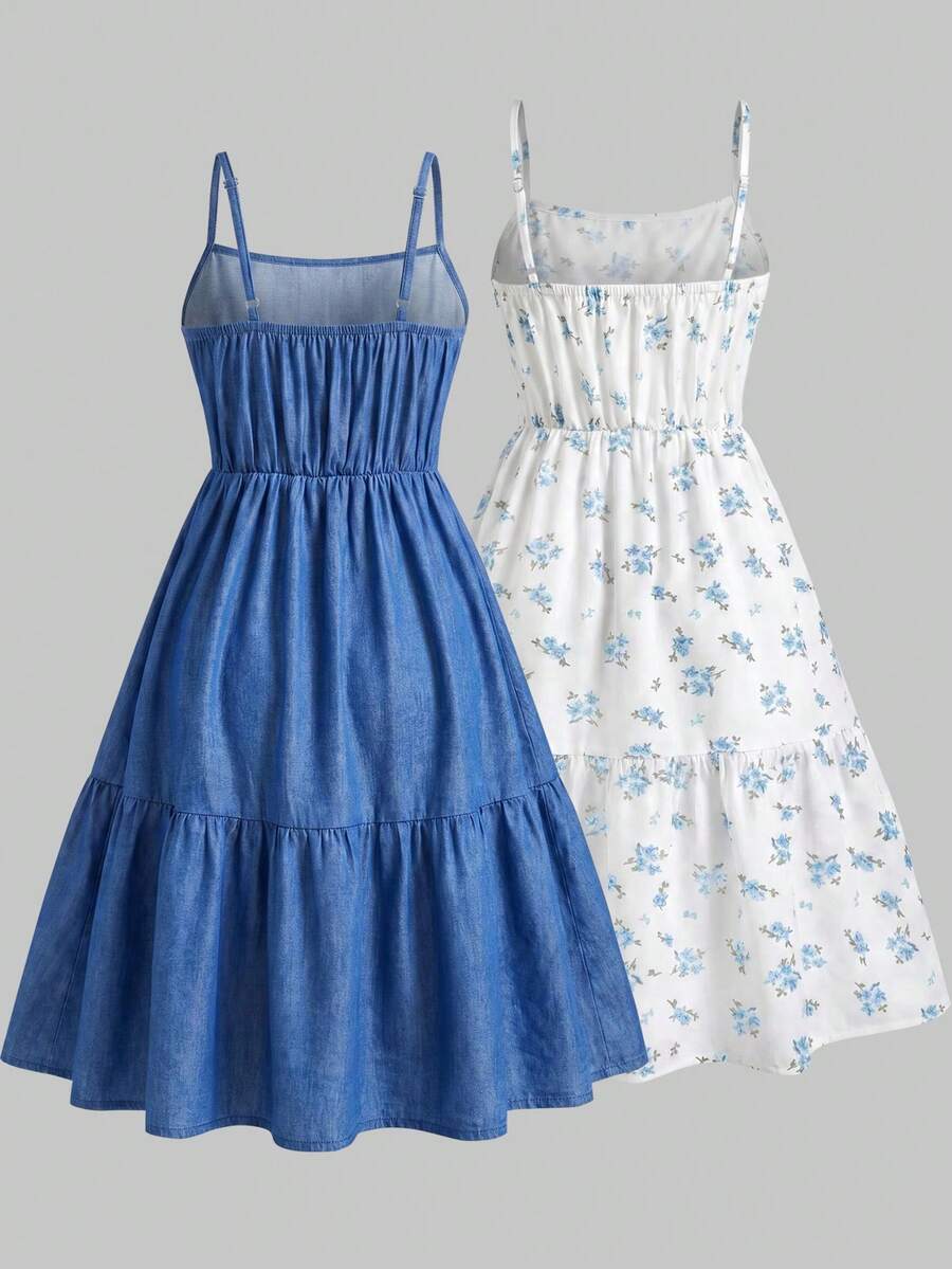 Tween girl blue plant print spaghetti strap cami dress with shirred high waist and flounce ruffled hem