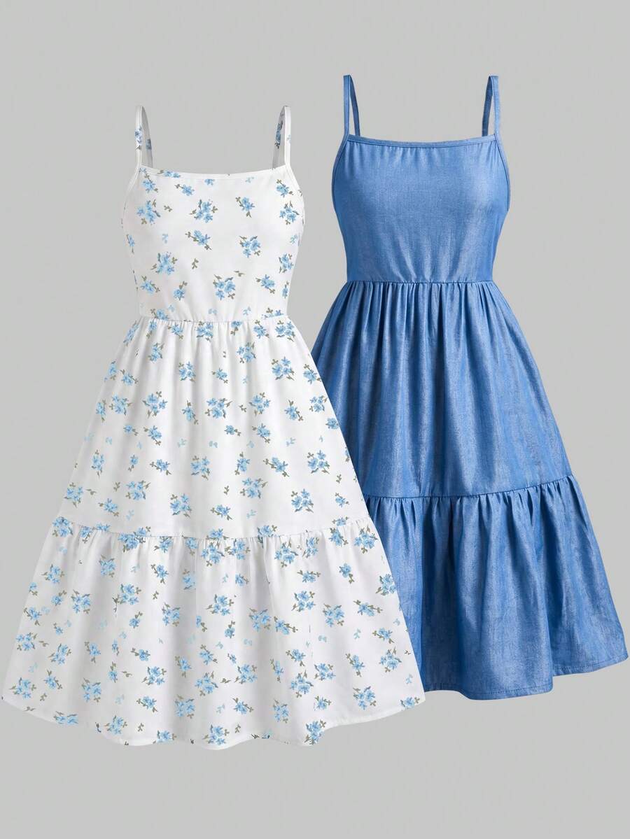 Tween girl blue plant print spaghetti strap cami dress with shirred high waist and flounce ruffled hem