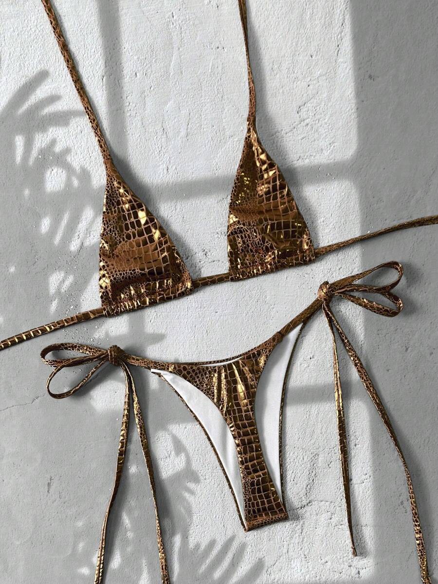 Black 2-piece snakeskin textured halter bikini set for women featuring high waist tie side bottoms and triangle cups.
