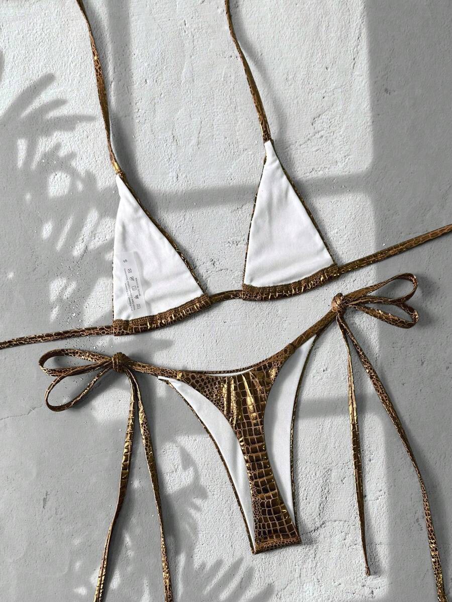 Black 2-piece snakeskin textured halter bikini set for women featuring high waist tie side bottoms and triangle cups.