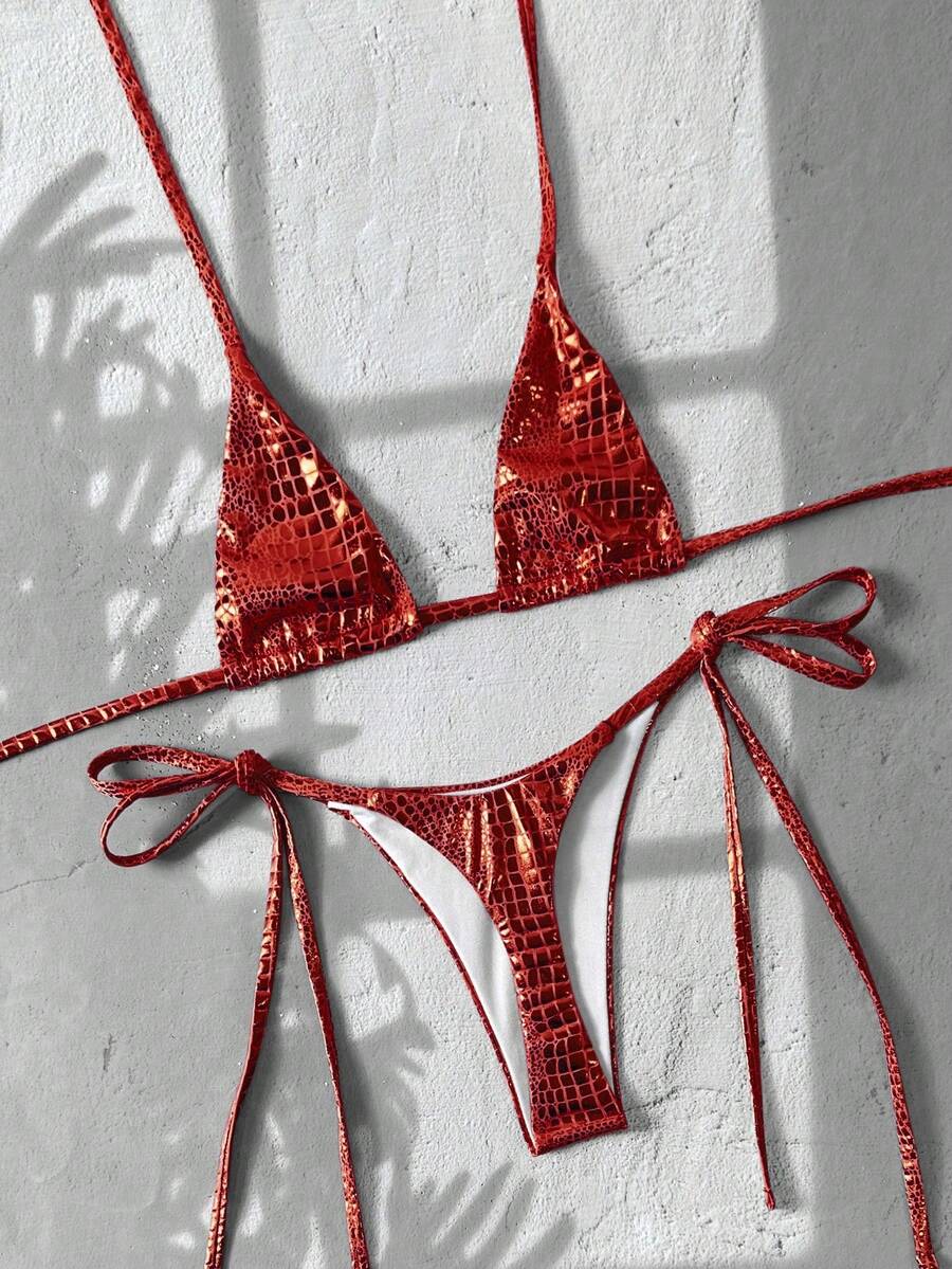 Black 2-piece snakeskin textured halter bikini set for women featuring high waist tie side bottoms and triangle cups.