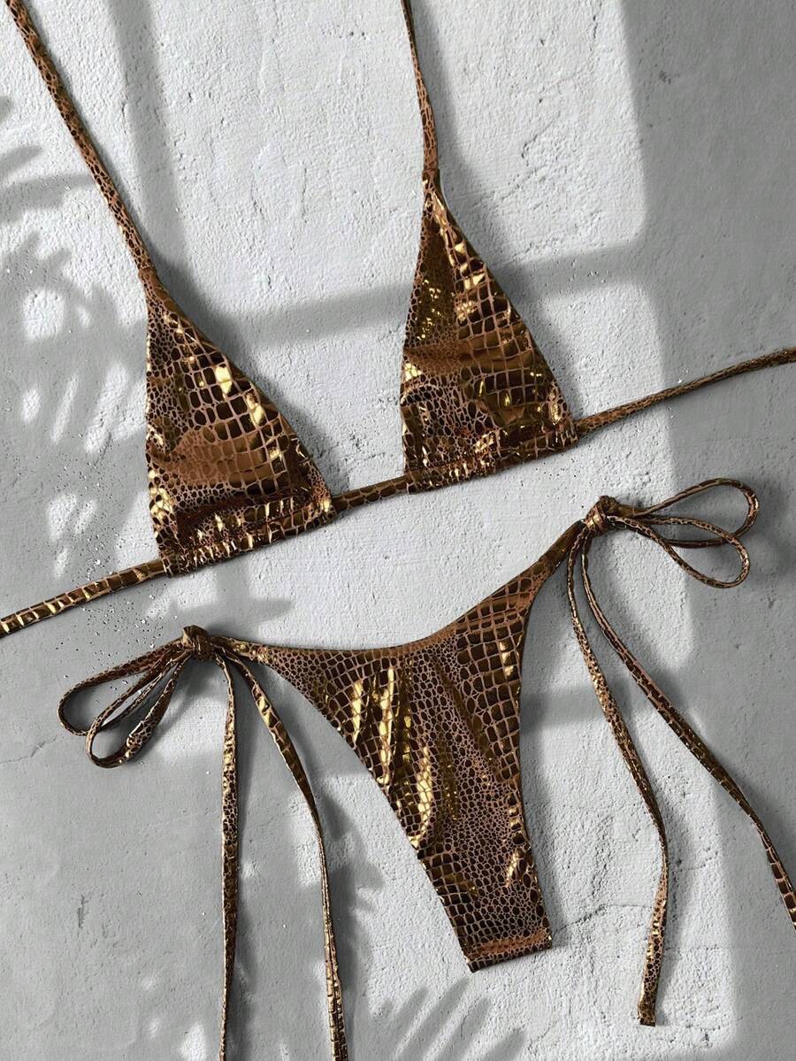 Black 2-piece snakeskin textured halter bikini set for women featuring high waist tie side bottoms and triangle cups.