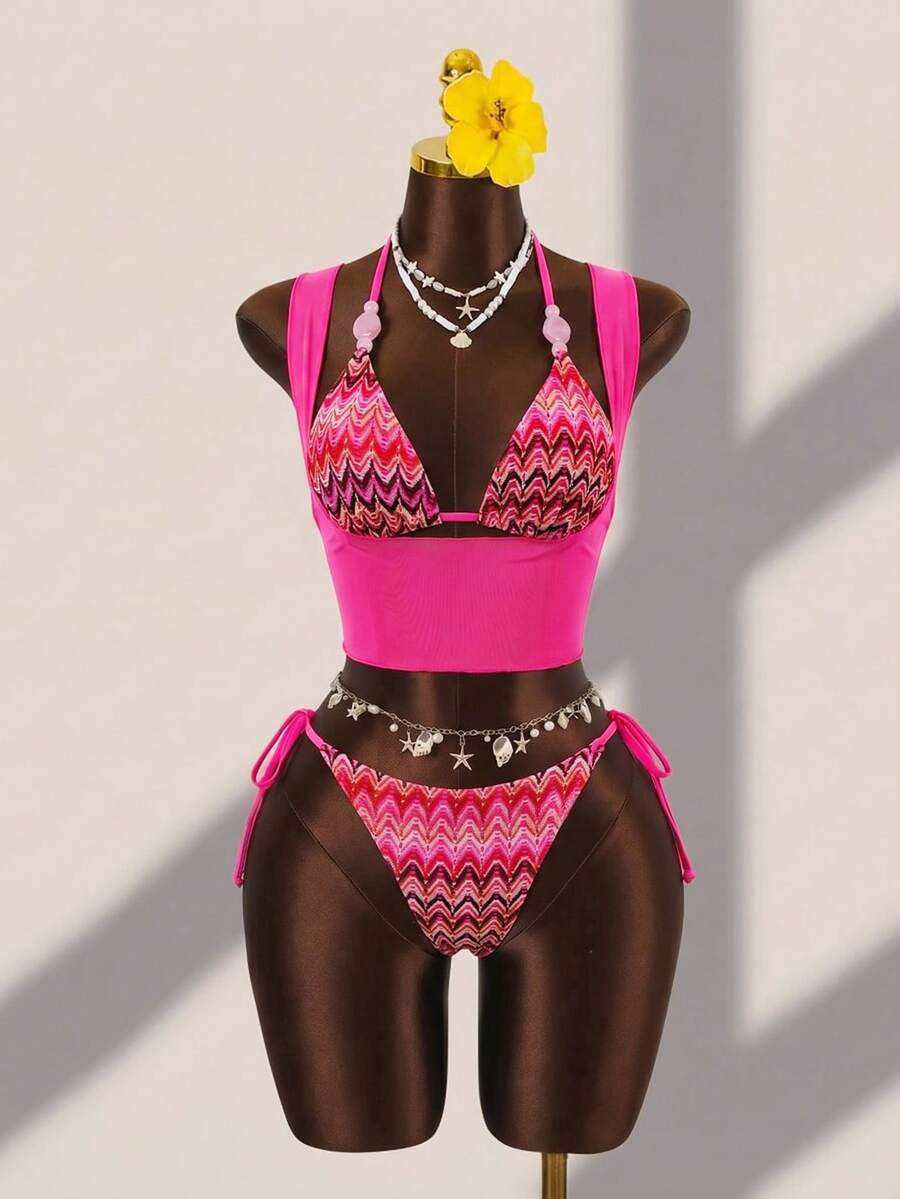 Brown striped 3-piece bikini set for women featuring a halter tie neck, wireless triangle cups with removable padding, cut-out details, and low waist tie side bottoms.