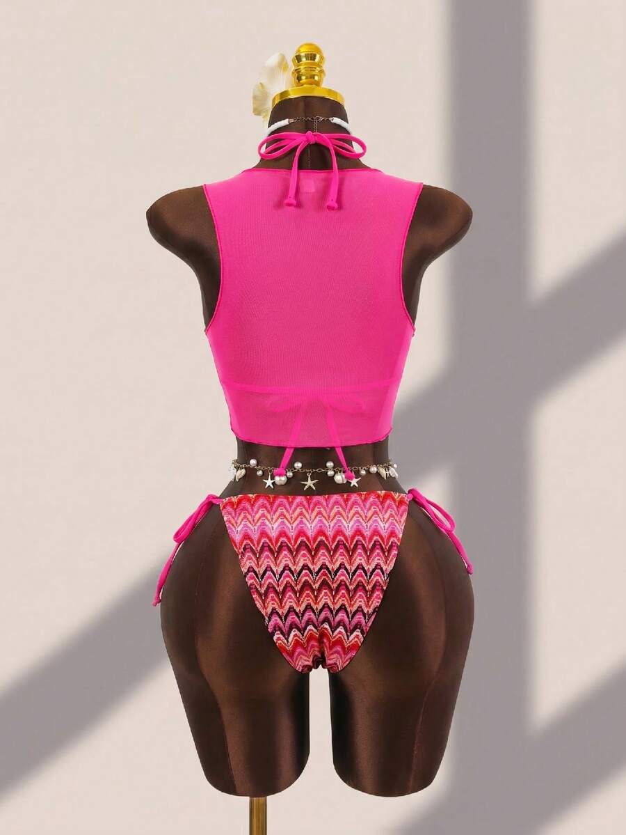 Brown striped 3-piece bikini set for women featuring a halter tie neck, wireless triangle cups with removable padding, cut-out details, and low waist tie side bottoms.